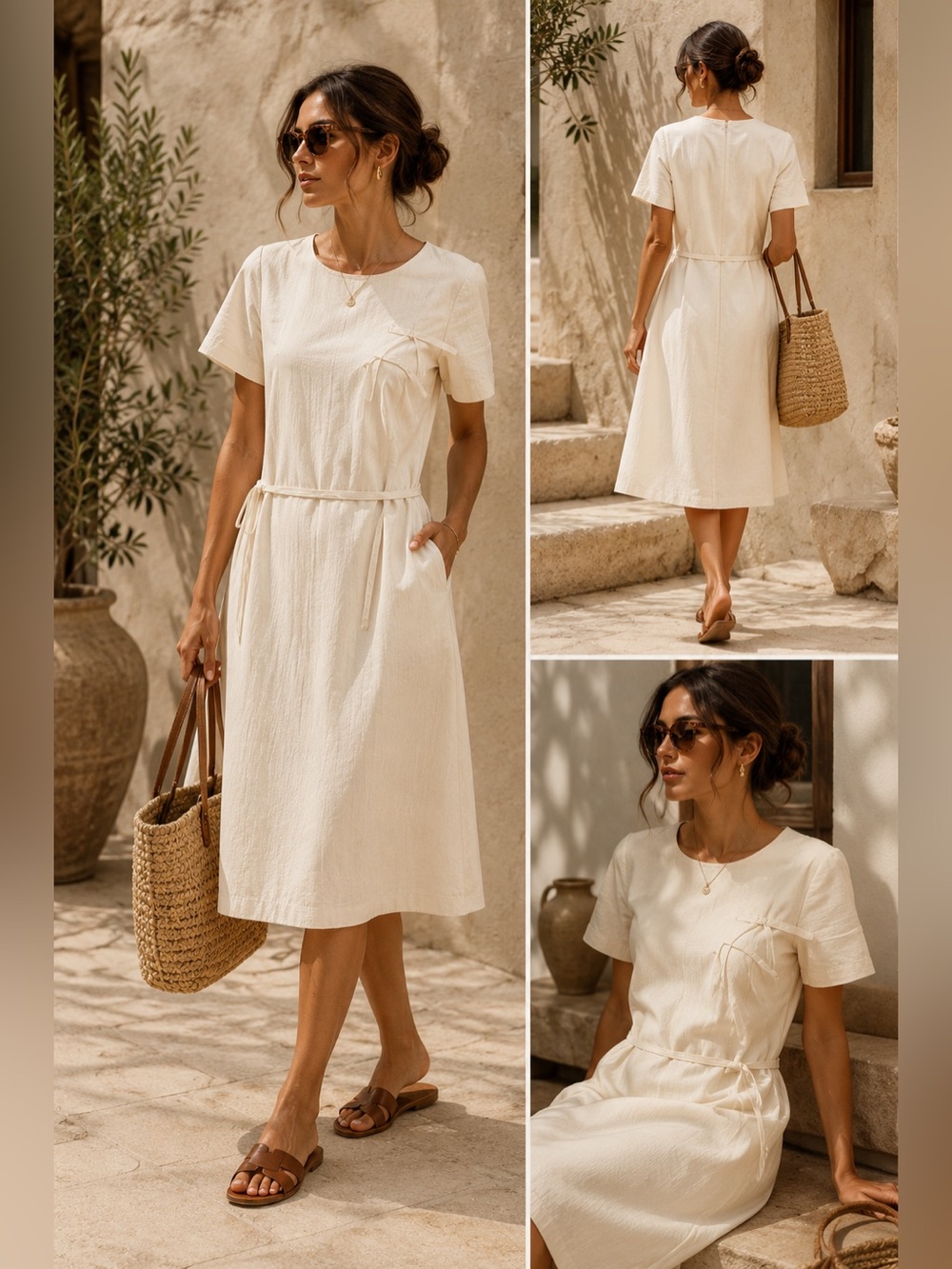 100% Cotton Cream Midi Dress Side Tie Detail Minimalist Resort Size M